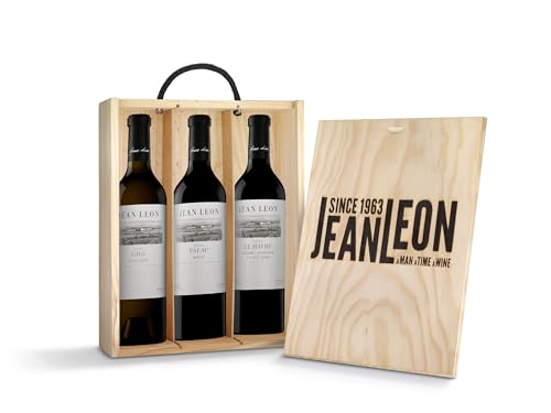 Estuche Madera Jean Leon Vinos de Finca. Incluye 3 botellas: Vinya Palau, Vinya Gigi y Vinya Le Havre