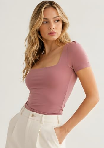 Image of SIGHTBOMB SOFTLINE SQUARE NECK DOUBLE LAYER SHORT SLEEVE MICROFIBER CUDDLE TEE AFFORD LUX EDITION FEATHER TOUCH TOP FOR WOMEN