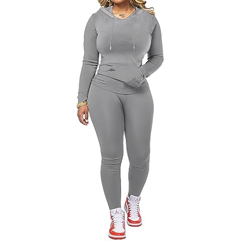 PINSV Two Piece Outfits For Women Matching Workout Sets Bodycon Tracksuit Long Sleeve Jogger Hoodie Sweatsuits Set Grey L Cover