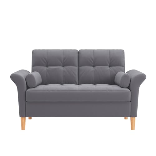 Image of Hroth 2 Seater Sofa, Compact Fabric Sofa with Tufted Backrest & Solid Wood Legs, Modern Small Couch for Living Room, Apartment or Office, Soft Comfortable Loveseat, Grey