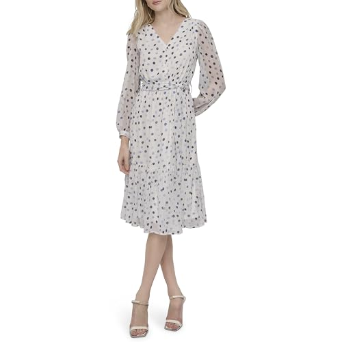 Image of DKNY Women's Long Sleeve V-Neck Tie Waist Midi Dress