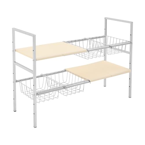 Organizador Bajo Fregadero 2 Niveles Ajustable 20.9-34.6 Pulgadas, Estante de Acero Inoxidable con 4 Canastas, Blanco Crema miniatura 1