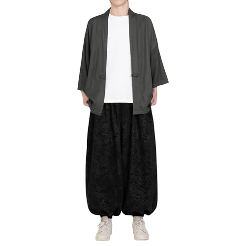 Image of Mens Kimono Cardigan Cotton Linen Japanese Shirt 3 /4 Sleeve Haori Yukata | Skin-Friendly Solid Color Lightweight Shawl Collar Kimono Robe Embroidery Button Tie Pockets Happi Coat All Season Daily Wear