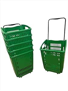 Retail Shop Green Supermarkets Basket Plastic Shopping Basket With Wheels And Telescopic Handle 52L | Rolling Shopping Trolley Basket On Wheels (3)