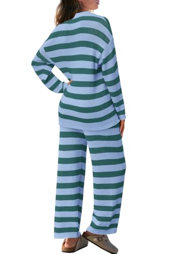 Image of SENSERISE Womens Striped Set Sweater Lounge Sets | Pajamas Set, Loungewear Set, Oversized Knit Sweater, Wide Leg Pants with Pockets, Fall Outfits, Pants Set