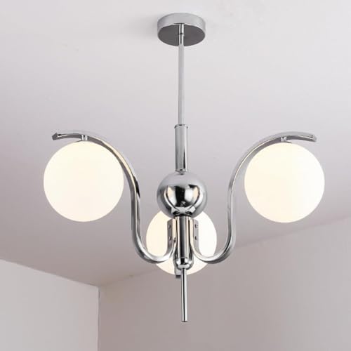 Lustre 3 globes en verre blanc réglable en hauteur style vintage argent