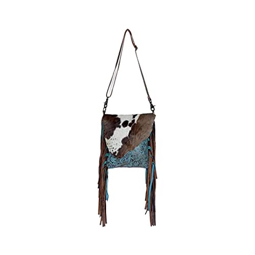 Myra Bag Cobal Blue Conceal Carry Cow print tooled leather fringe bag S-33454