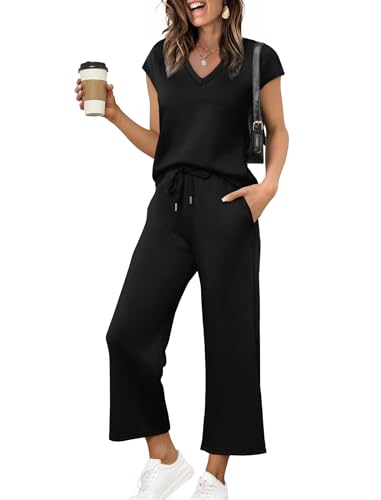 Saloogoe Two Piece Sets for Women Lounge Set Summer Travel Outfits Business Casual Matching Sets Women Clothing Beach Vacation Clothes Wide Leg Crop Pants Black L