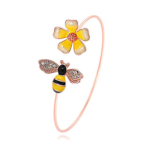 MANZHEN Fashion Yellow Flower and Honey Bee Adjustable Charm Bangle Bracelet Women Jewelry (Rose gold)