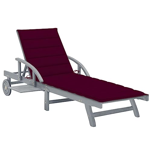 QUAHEAS Tumbona de madera maciza de acacia gris, 200 x 68 cm, respaldo ajustable, estante extensible, cojín rojo vino, ruedas, para jardín, terraza, piscina