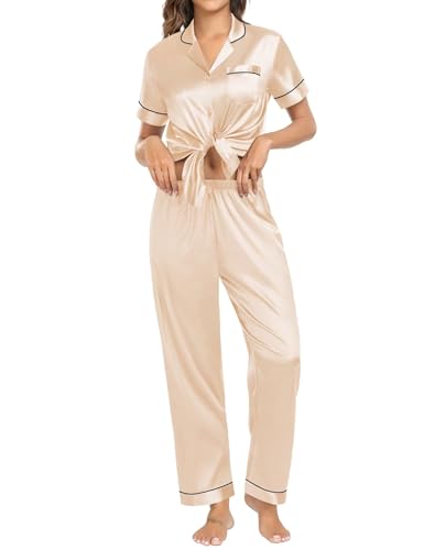 SWOMOG Couple Pajama Sets Silk Satin Sleepwear Short Sleeve and Long Pants Pjs Set Soft Loungewear Classic Pajamas3