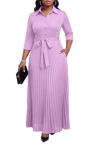 Image of Runwind Maxi Dresses for Women, 3 /4 Sleeve Botton Down Pleated Long Dress with Belt Casual Church Dress with Pockets