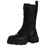 VAN HILL Damen Stiefel Schnürstiefel Blockabsatz Schuhe Freizeit Profilsohle Schnürer Plateau Vorne Schnürschuhe Plateauschuhe 207310 Schwarz 39