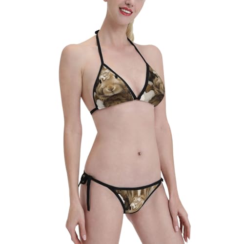 Image of Rabbit in Snow Women's Triangle Bikini Sets Sexy Halter String Two Piece Swimsuits Low Waisted Girls Bathing Suit, Rabbit in Snow, One Size