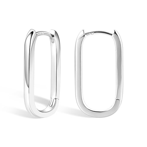 Silber 925 Ohrringe für Damen, Kleine Eckig Creolen Hypoallergen Huggie Breit Oval Rechteckig für Mädchen