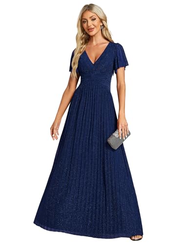 Ever-Pretty Women's Glitter A-Line Plus Size Formal Dresses V-Neck Short Sleeve Evening Gown Long Mother of Bride Dress Navy Blue US14