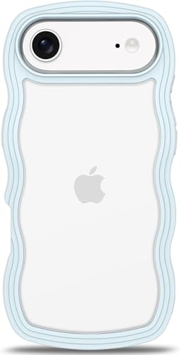Image of GoldKart iPhone 17 Air Case Wavy Edge Clear Back Design, Anti-Slip Grip Cute Wave Curly Frame Shape Shockproof Soft TPU & Hard PC Bumper Protective Phone Case Cover for Women Girls - Light Blue