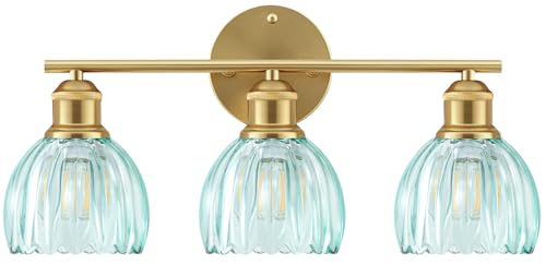Image of Bathroom Light Fixtures, 3-Light Brushed Gold Vanity Lights for Bathroom with Blue Tulip Glass Shade, 20 inch Vintage Bathroom Vanity Lighting Fixtures Over Mirror for Bedroom Living Room Hallway