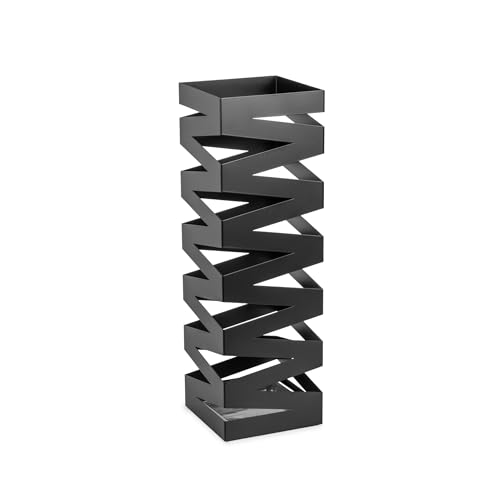 TAISSU - Paragüero Mod. NIVO - Color Negro Mate - Con Ganchos para Paraguas Plegables y Bandeja Recoge Goteo - 15,5 x 15,5 x 49 cm - Acero - Paragüero para Recibidor