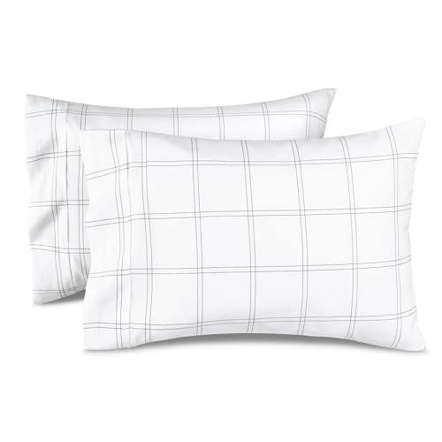 Image of Bare Home Microfiber Pillow Cases - Standard /Queen Size Set of 2 - Cooling Pillowcases - Double Brushed - Pillowcases 2 Pack - Easy Care (Standard, Modern Plaid - White /Grey)