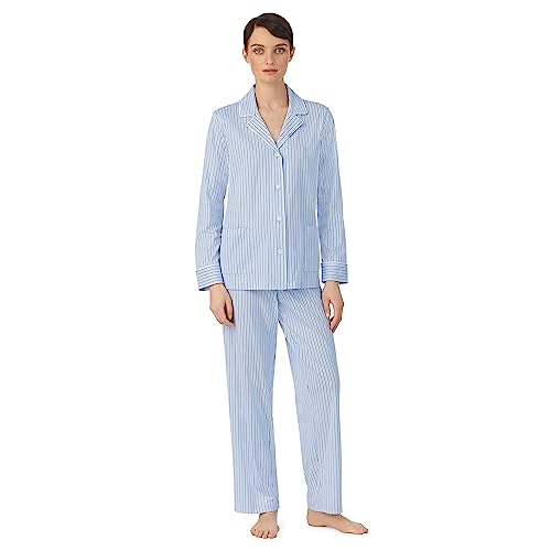 Ralph Lauren® Organic Cotton Long Sleeve Notch Collar PJ Set for Women – Relaxed Fit – Stripe Design – 100% Cotton Blue Stripe LG (US 12-14) One Size