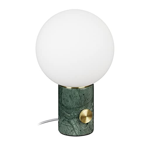 Relaxdays Lámpara de mesa, base de mármol, bola de cristal, casquillo E14, intensidad regulable, para salón, lámpara de mesa, altura x profundidad: 32 x 19 cm, blanco/verde, 10032272