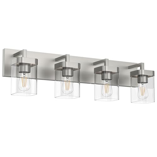 Image of 4-Light Bathroom Light Fixtures, Brushed Nickel Vanity Lights for Bathroom, Kitchen, Living Room, Modern Bathroom Vanity Lights with Clear Glass Shades