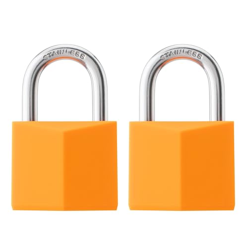 Image of 2-Pack Keyed Alike Locks, Orange Covered Brass Keyed Padlock with Stainless Steel Shackle, 1-9 /16 Inch Lock Body, Rustproof Locks for Luggage Gate Fence Hasp Cabinet Toolbox Gym School Locker