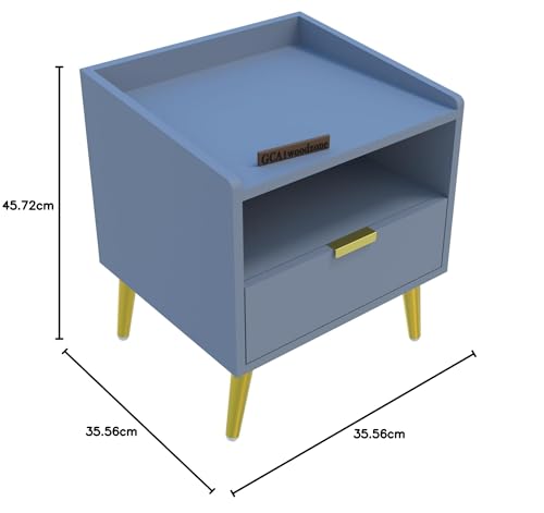 Image of Wooden Bedside Table for Bedroom | Wooden Bed Side Nightstand Lamp Table with 1 Drawers & Open Shelf Storage for Home & Hotels | HDMR Wood & Iron Legs, Matte Slate Blue | Pack of 2