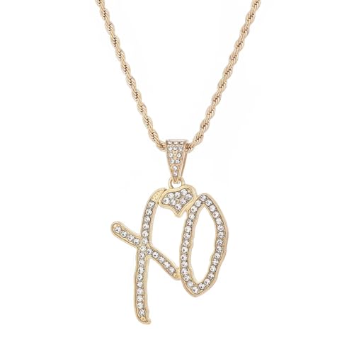 High Hip Hop XO Letter Pendant Necklace for Women Men Fashion xo chain the weekend accessories dainty Cubic Zirconia gold and silver Pendant Necklace Gift Jewelry for Rock Rapper Fans (gold)