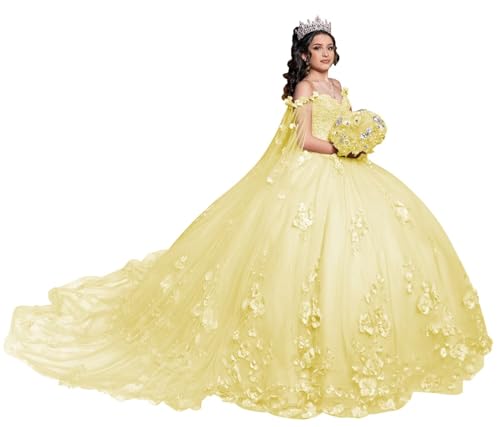 XYAYE Off Shoulder Quinceanera Dresses with Cape Puffy Tulle Sweet 15 16 Dresses Gorgeous 3D Flowers Beaded Ball Gown