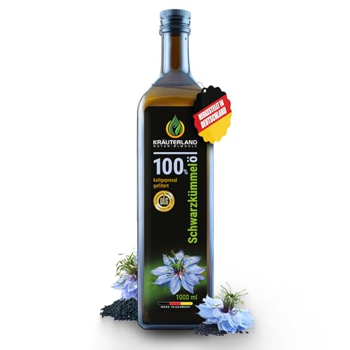 Kräuterland Schwarzkümmelöl 1000ml (1Liter), Gefiltert, Kaltgepresst, 100% Nigella Sativa, ohne Zusatz von Aromen, Frabstoffe & Konservierungsstoffe - direkt aus unsrer hessischen Ölmühle