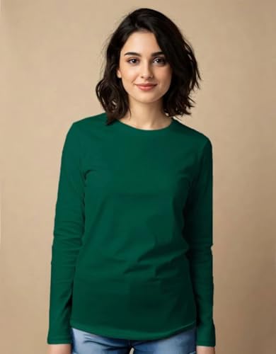 Image of JUNEBERRY Pure Cotton Round Neck Regular Fit Core Fashion Solid Full Sleeve T-Shirt for Women & Girls (Colors: Black, Cork, Green, Navy, Swanwhite & White)