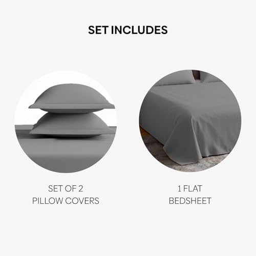 Image of haus & kinder Bedsheet King Size, 300 TC Cotton Sateen Weave, Flat Bedsheet for King Size Bed, Silky Smooth (Fogstone, 108x108)