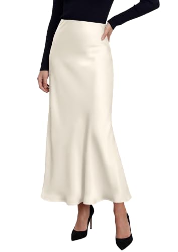 PRETTYGARDEN Women's Silk Satin Maxi Skirts Fall Clothes (Beige,L)