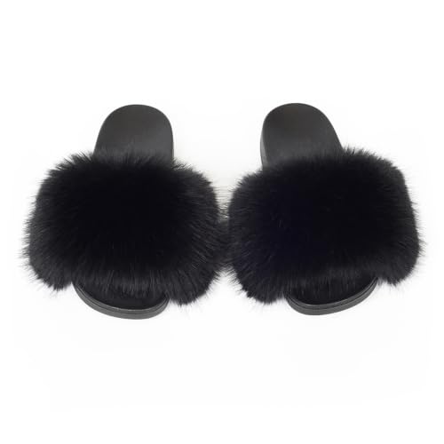 Image of Women's Faux Fur Slides Slippers Fluffy Fuzzy Sandals Open Toe Furry Slide Flip Flop Indoor Outdoor