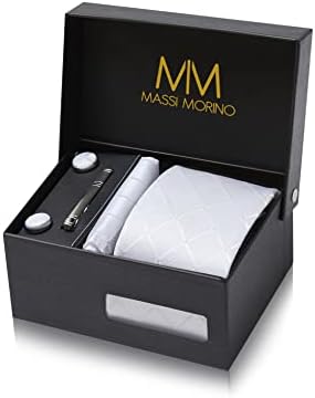 Ties for Men White Square with Pocket Square Cufflink and Tie Clip | Necktie Handkerchief in Gift Box for Wedding and Business