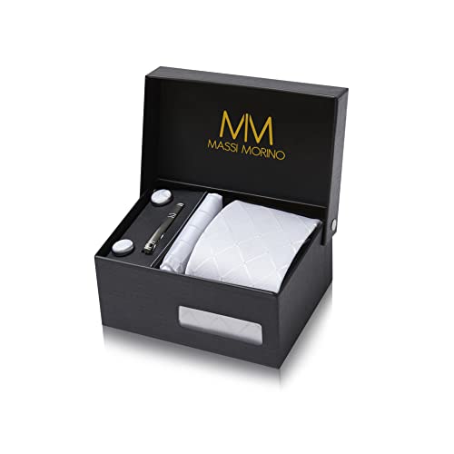 Massi Morino Krawatte Weiss Quadrat mit Einstecktuch Set Herren inkl. Manschettenknöpfe, Krawattennadel und Geschenkbox | Männer Krawattenset zur Hochzeit
