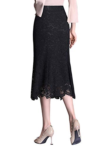ebossy Women's Scallop Hem Mermaid Lace Midi Skirt Business Work Office Wear2