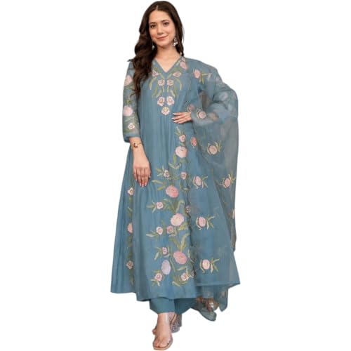 LookMark Women's Rayon Kurta Set with Organza Dupatta | Floral Embroidery | Three-Quarter Sleeve