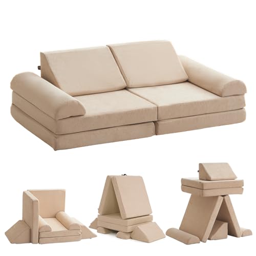 Image of jela Kids Couch Safety Certified Play Couch Soft Kids Sofa with Machine Washable Cover Thick Foam Fort Building Set for Playroom Indoor 57x28x18 Inch (Corduroy, Brown Sugar)