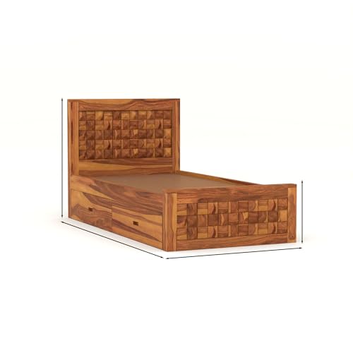 Image of Solid Sheesham Wood Single Size Bed with 2 Drawer Storage Wooden Single Cot Bed for Home Living Room Bedroom Guest Room Hotel (Honey, Size 6 * 4)