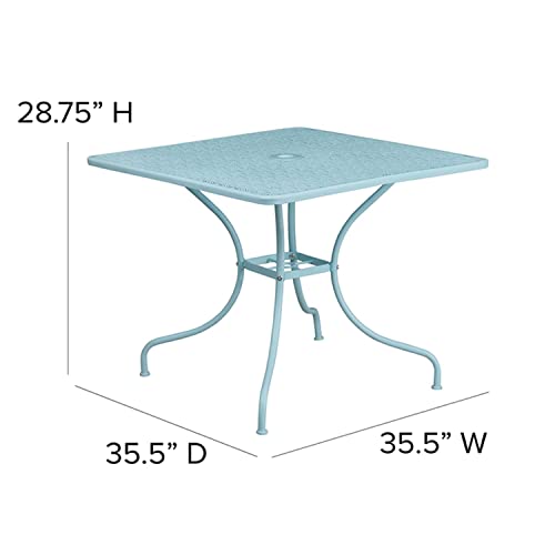 Flash Furniture Oia Commercial Grade 35.5" Square Sky Blue Indoor-Outdoor Steel Patio Table With Umbrella Hole #TOP2
