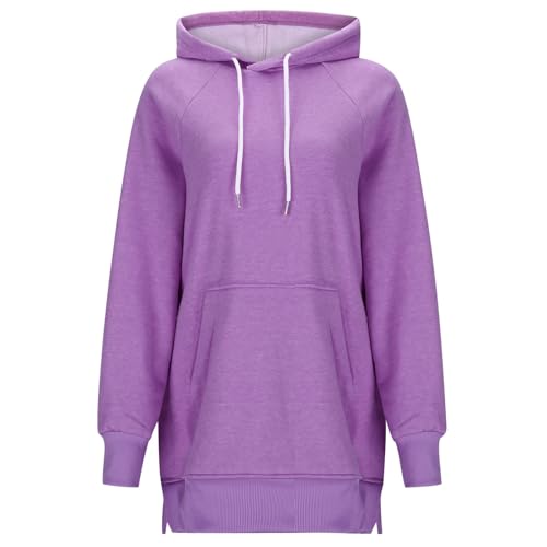 Sudadera genérica para mujer con estilo casual liso con capucha media larga suelta y ranura superior sudadera de manga larga para mujer cómoda en invierno, morado, XL