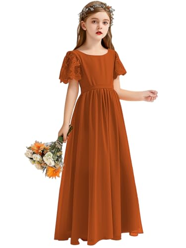 Flower Girl Dresses for Wedding Scoop Neck Short Sleeve A Line Chiffon Long Junior Bridsmaid Dresses with Sash