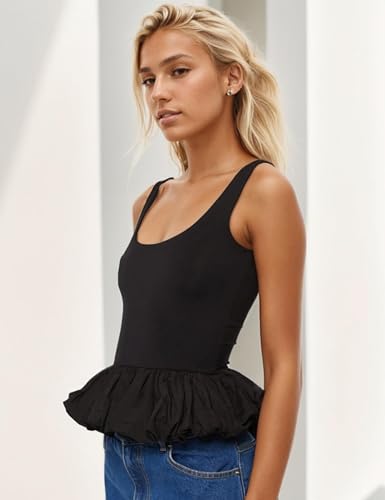 Women's Ruffle Bubble Hem Tank Top Scoop Neck Backless Sleeveless Patchwork Peplum Top Going Out Babydoll Shirts2