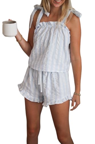 Juakoso Women 2 Piece Set Sleeveless Tie Shoulder Top Floral Ruffle Shorts Set Y2K Babydoll Pajamas Sets Summer Outfit