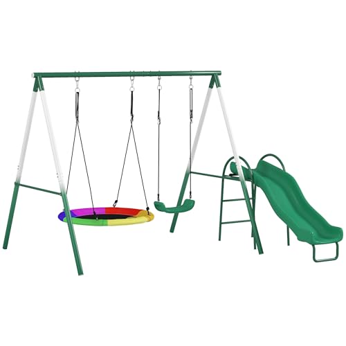 Qaba Swing Set for Backyard with Adjustable Seat and Saucer Swing, 5' Slide, Heavy Duty A-Frame Metal Stand Outdoor Playground Playset for Kids