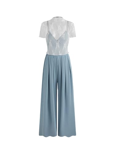 CIDER Summer Outfits For Women Lace See Through Top Wide Leg Jumpsuit Party Club V neck Mid Waist Sets