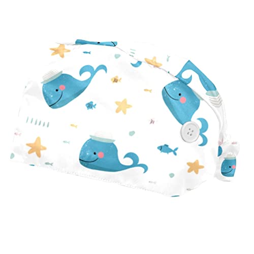 Chapeaux bouffants JDEZ pour la cuisine et les soins imprimé baleines bleues